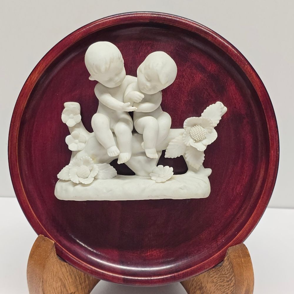 Vintage Lenwile Ardalt 3D Cherub Figurines Wooden Wall Plaque Plate
